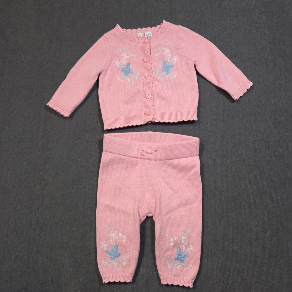 Janie and Jack Sweater Set Baby Girls 0-3M Pink Butterfly Embroidered Cardigan